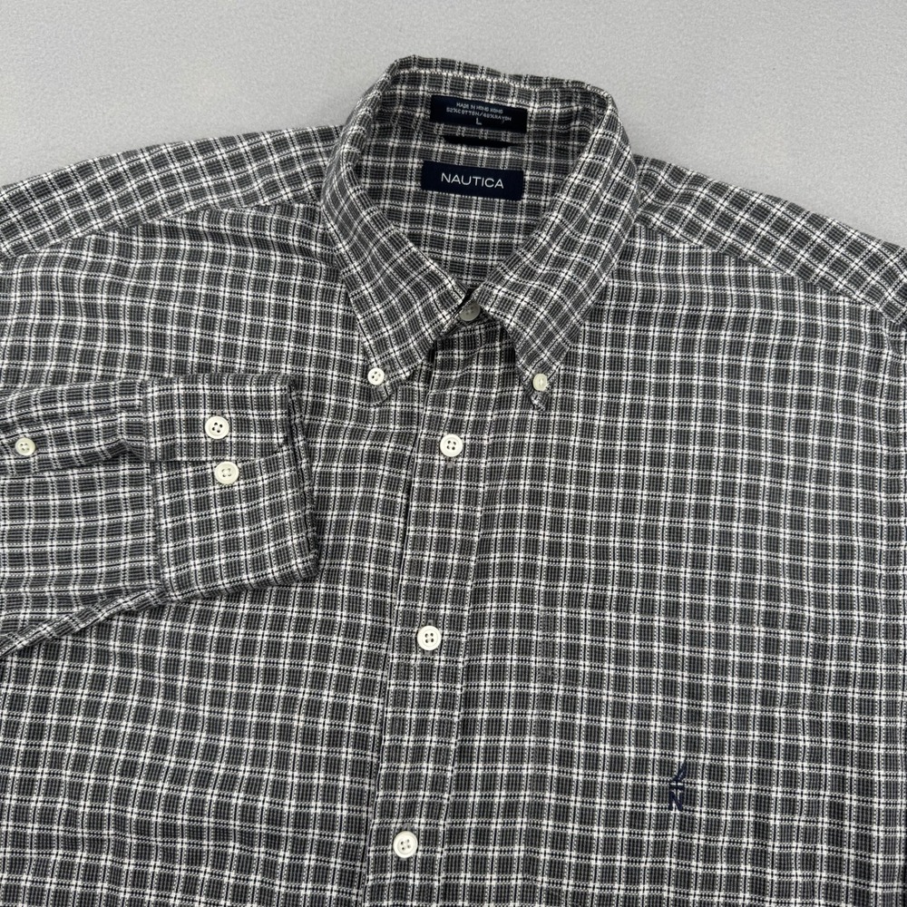 Nautica‎ Mens Large Plaid Button Down Shirt Black/White Cotton/Rayon Long Sleeve